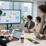Team collaboration showcasing LLG Digital Marketing Services in a modern office environment, emphasizing innovative strategies and analysis.