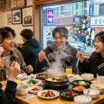 Savoring traditional dishes at 상봉동 한국관 with friends, vibrant Korean dining atmosphere.