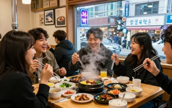 Savoring traditional dishes at 상봉동 한국관 with friends, vibrant Korean dining atmosphere.
