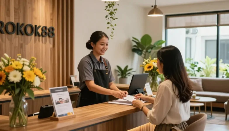 rokok 88 welcoming reception area with friendly staff and warm decor