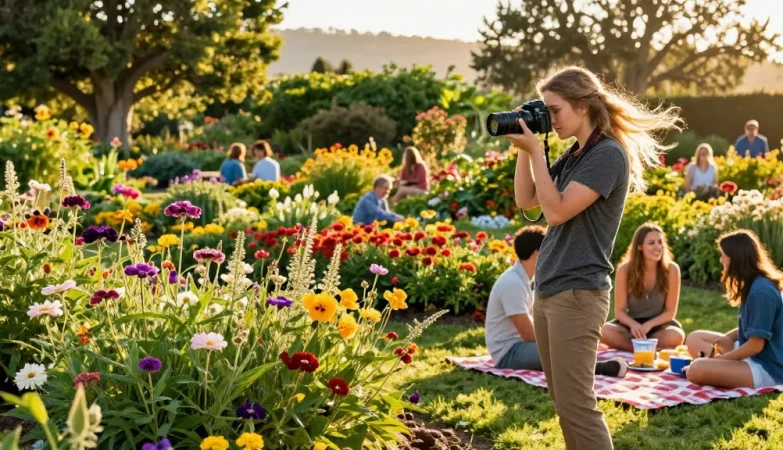 Explore the beauty of Capay Valley Garden with vibrant flowers and joyful travelers at https://www.thecapayvalleygardentour.com