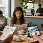 People engaging with https://www.theindaily.com in a modern café, showcasing news articles on digital devices amidst an inviting atmosphere.