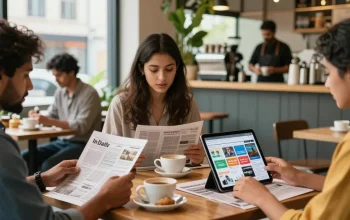 People engaging with https://www.theindaily.com in a modern café, showcasing news articles on digital devices amidst an inviting atmosphere.