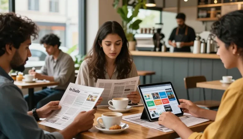 People engaging with https://www.theindaily.com in a modern café, showcasing news articles on digital devices amidst an inviting atmosphere.